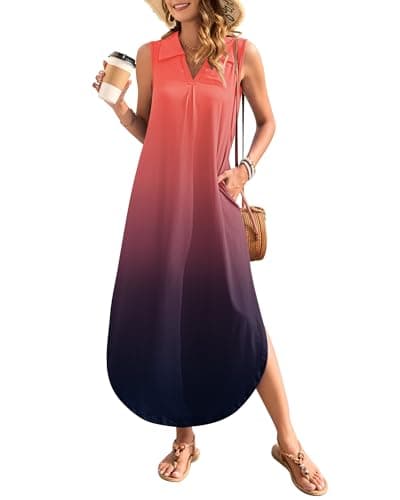 WNEEDU Summer Dresses for Women 2025 Casual V-Neck Sleeveless Long Dress Split Maxi Beach Sundresses Travel Vacation Outfits,OG BK Gradient M