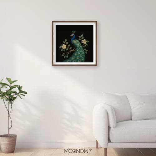 Peacock Wall Art, Botanical Bird Art Print, Dark Decor, 12x12in (30x30cm) - Thumbnail 3