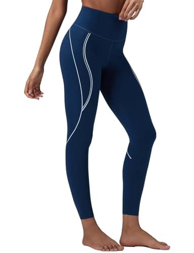 baleaf Freeleaf Broadway High Waisted Leggings for Women, 25" Dance Yoga Workout Running Athletic Contrast Stripe Tummy Control Soft Pants with Pockets, Navy Blue S - Image 1