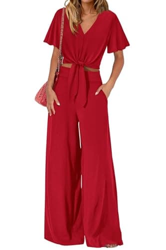 PRETTYGARDEN Women 2 Piece Summer Outfits Short Sleeve Strappy Top Wide Leg Pants Tracksuit Lounge Sets Beach Clothes(Red,Small) - Image 1