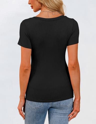 GKBK Womens Short Sleeve Tops Scoop Neck Ribbed Slim Fitted Tight Layering Top Basic Tee Shirts Cute Summer Tops Casual Spring Outfits 2026 Trendy Black - Thumbnail 3