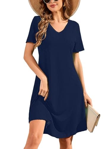DEARCASE Summer Dresses for Women Navy Blue Large Short Sleeve V-Neck Casual Knee Length Wedding Guest T Shirt Dress Boho Flowy Swing Beach Vacation Party Comfy All-Day Mini Sundress - Image 1