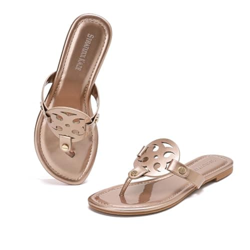Stratuxx Kaze Women's Dressy Patent Leather Thong Sandals with Memory Foam,Comfy Beach Slides Slip On Flat Sandals for Women - Image 1
