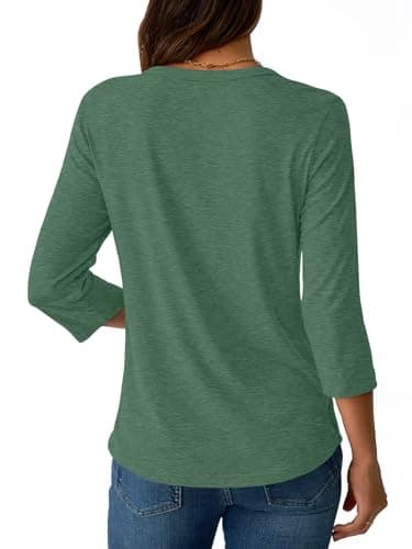 NORACORA 3/4 Sleeve Tops for Women T Shirts Dressy Casual Spring Fall Outfits Pleated Front Shirts Round Neck Casual Tunic Basic Tee Tops Green L - Thumbnail 5