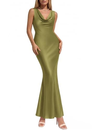 KIRUNDO Womens Summer Cowl Neck Sleeveless Satin Maxi Dress Elegant Bodycon Cocktail Wedding Guest Party Long Dresses(Army Green, Small) - Image 1