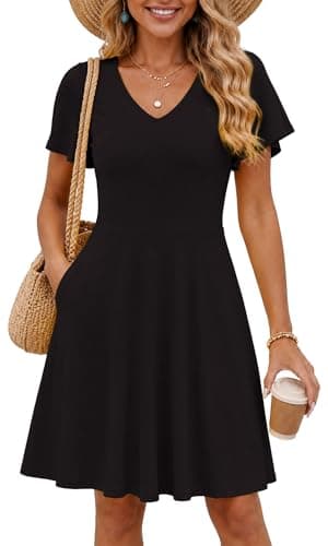 COSSEN Women's Summer Casual T Shirt Dress Black XX-Large with Pockets - Short Sleeve V Neck Flowy Loose A-Line Sundress Vacation - Image 1