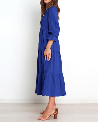 BTFBM Women Casual Long Sleeve Dress Fall Dresses 2025 Solid Color Relaxed Fit Smocked Tiered Flowy Boho Long Dresses(Solid Royal Blue,Medium) - Thumbnail 5