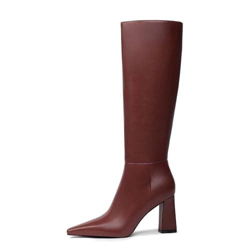 Meolee Knee High Boots for Women Chunky High Heel Long Boots Pointed Toe Leather Boots with Side Zipper - Image 1