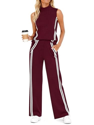 Casly Lamiit Womens Lounge Set 2 piece Lounge Travel Outfits Trendy Casual Tracksuit Mock Neck Tops Wide Leg Jogging Pants Activewear Ancora Red S - Image 1