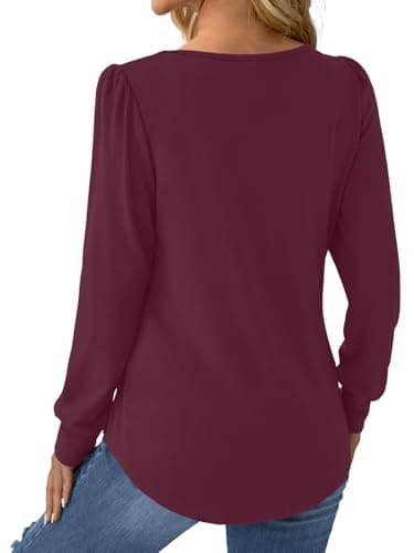 GKBK Women Long Sleeve Shirts Fall Tops Dressy Pleated Scooped Neck Tunic Tops for Leggings Wine Red L - Thumbnail 5