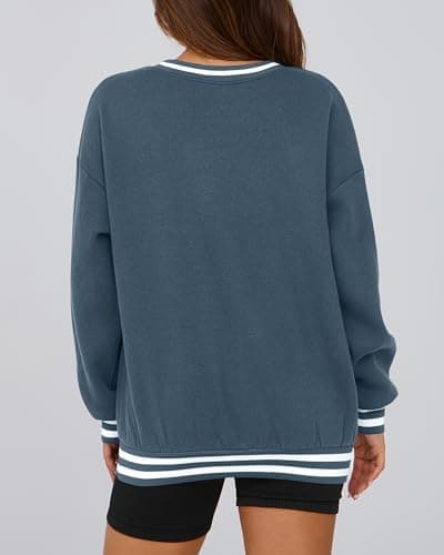 PRETTYGARDEN Women's Oversized Sweatshirts Casual Long Sleeve Stripes Knit V Neck Pullover Top Spring Preppy Clothes(Grey Blue,XX-Large) - Thumbnail 5