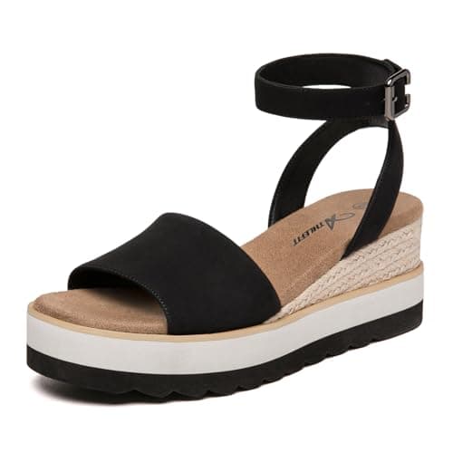 Athlefit Athlfit Women's Open Toe Buckle Ankle Strap Summer Casual Espadrille Platform Wedge Sandals, Black/Pu, Size 7, AD00442 - Image 1