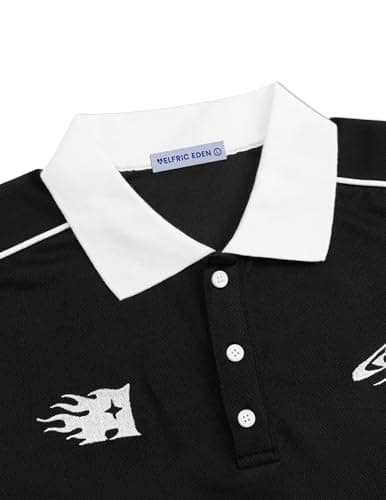 Aelfric Eden Mens Oversized Polo Tee Button Collar Vintage Letter Graphic Patchwork T Shirts Short Sleeve Summer Tops Black - Thumbnail 3