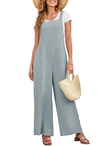 Dokotoo Plus Size Womens Jumpsuits Loose Casual Overalls Wide Leg One Piece Sleeveless Solid Jumpsuit Elasticity Straps Long Pants Rompers With Pockets Light Blue Grey XX-Large - Image 1