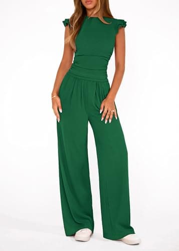 KIRUNDO Two Piece Sets For Women Dressy 2026 Summer Cap Sleeve Cute Tops Wide Leg Pants Spring Matching Set Vacation Outfits(Green, XX-Large) - Thumbnail 5