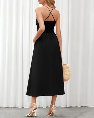 BTFBM Women 2026 Spaghetti Strap Midi Summer Dresses Sleeveless V Neck Cutout Slit Casual Beach Party Maxi Dress Pockets(Black, Large) - Thumbnail 5