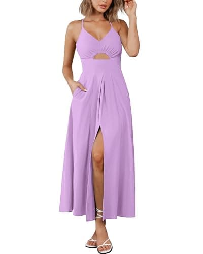 BTFBM Women 2026 Spaghetti Strap Midi Summer Dresses Sleeveless V Neck Cutout Slit Casual Beach Party Maxi Dress Pockets(Light Purple, Small) - Image 1