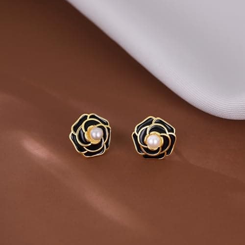Reffeer Solid 925 Sterling Silver Flower Stud Earrings for Women Teen Girls Black Flower Stud Earrings Pearls (B-18K Gold) - Thumbnail 6