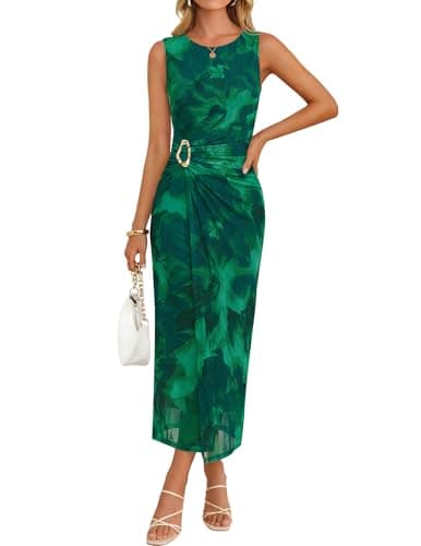 ZESICA Women's 2026 Summer Floral Bodycon Midi Dress Sleeveless Crewneck Mesh Ruched Wedding Guest Party Long Dresses,Green,X-Large