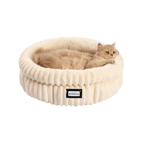 BALANCE Cat Bed Kitten Bed, Washable Round Cat Beds for Indoor Cats,Super Soft Plush Faux Fur Pet Bed for Puppy and Kitten with Anti-Slip Bottom