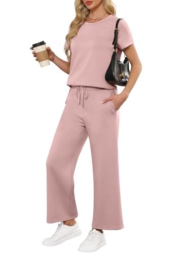 ANRABESS Women 2 Piece Lounge Sets Summer Travel Sweat Outfits Short Sleeve Wide Leg Casual Matching Tracksuits Clothes Light Pink Small - Image 1