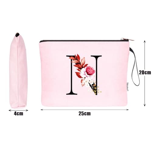 Vavabox A-Z Personalized Makeup Bag, Birthday Gifts for Women Mom, Gifts for Best Friend, Bride Bridesmaid Cosmetic bag (N, Pink) - Thumbnail 2