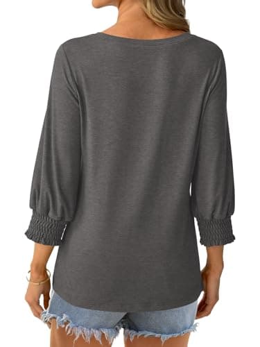 GKBK Womens 3/4 Sleeve Shirts Square Neck Dressy Casual Blouses Spring Summer Smocked Cuffs Tops A- Dark Gray - Thumbnail 4