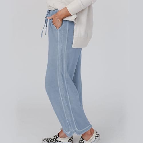 Ainangua Women's Palazzo Pants Acid Wash Capri Pants Drawstring Athletic Wide Leg Trousers Summer Lounge Home(Light-Blue,XL) - Thumbnail 5