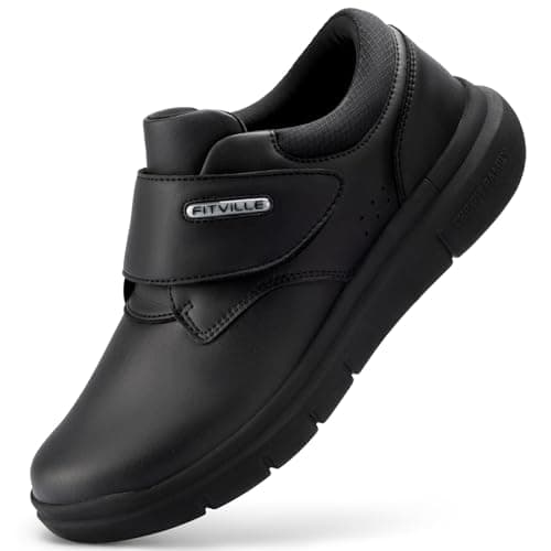FitVille Diabetic Shoes for Men Extra Wide Comfortable Leather Walking Shoes Hook & Loop Orthopedic Dress Sneakers for Edema and Swollen Feet (14 X-Wide) Black