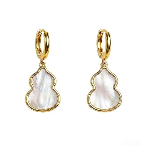 ANNIE WU 18K Gold Plated Natural White Mother of Pearl Gourd Dangle Hoop Earrings for Women, Traditional Lucky Prosperity Jewelry, Gift Box Included - Image 1