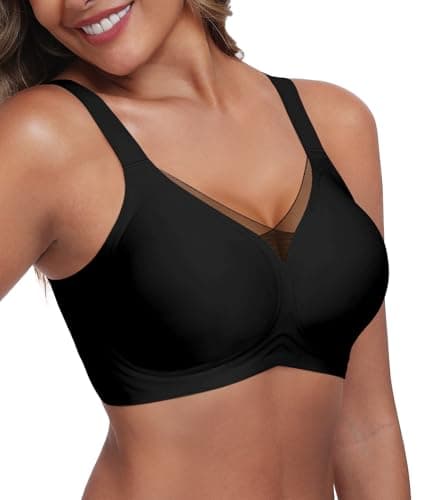 Kinnette Women's Wireless Bras Full Coverage V Mesh Padded Bralette No Underwire Seamless Comfortable Everyday Bra (Black, XL) - Image 1