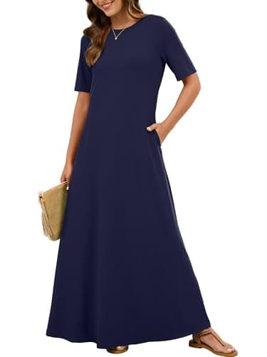 KORSIS 2026 Long T-Shirt Dress for Women Navy Blue L Short Sleeve Casual Summer Maxi Dresses Loose Beach Vacation Sundress with Pockets - Image 1