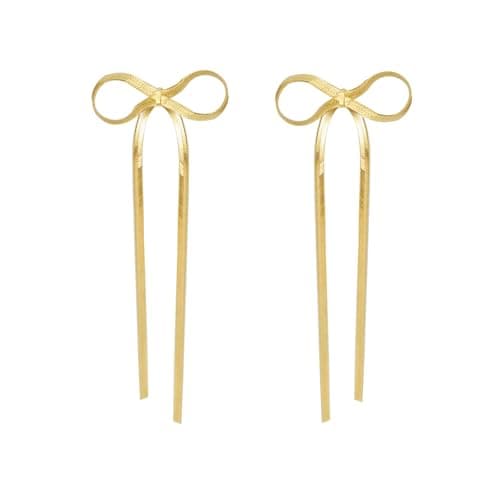 BAYLAY Bow Earrings for Women, 18K Gold Plated Bow Dangle Earrings Dangling Dangly Gold Earrings for Women Trendy for Wedding Prom Aretes para Mujer Gold Jewelry Gifts for Woman - Thumbnail 2