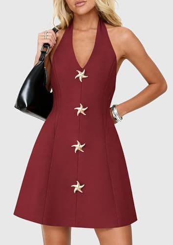 PRETTYGARDEN Summer Cocktail Dresses for Women Short 2026 Spring Halter V Neck Beach Party Backless A Line Mini Dress (Burgundy,Large) - Thumbnail 6