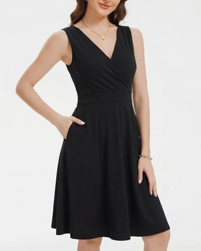 ANYFITTING Built in Bra Summer Dresses for Women 2026 Casual V Neck Flowy Sundresses Beach Vacation Midi Dress Black - Thumbnail 5