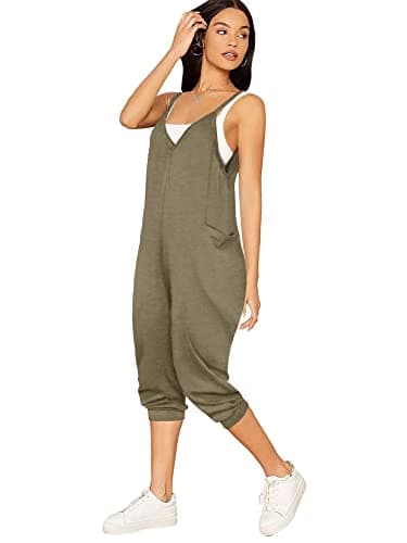 STOLKISS Women’s Spaghetti Strap Jumpsuits Summer Casual Sleeveless V Neck Thin Shoulder Strap Adjustable Jumpsuit Pant with Pockets (Y017 Khaki, XX-Large) - Thumbnail 2