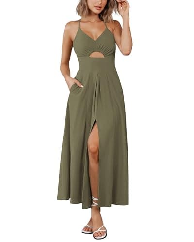 BTFBM Women 2026 Spaghetti Strap Midi Summer Dresses Sleeveless V Neck Cutout Slit Casual Beach Party Maxi Dress Pockets(Army Green, Large) - Image 1