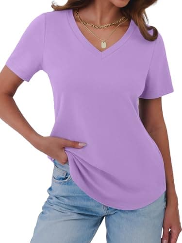 GKBK Women Cotton Shirts V Neck Loose Fit T Shirts Short Sleeve Summer Curved Hem Plain Tee Top Purple M - Thumbnail 5