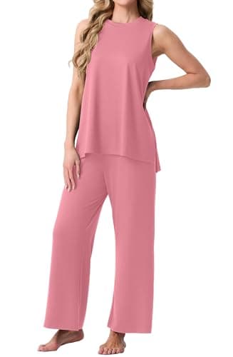 PrinStory Womens Pajamas Sets 2 Piece Soft Pjs for Women Sleeveless Pajama Set Summer Loungewear with Pockets Pink-M - Thumbnail 2