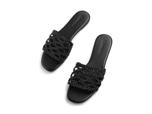 Coutgo Womens Flat Sandals Braided Open Square Toe Slip On Slide Sandals Dressy Beach Vacation Shoes, Black, Size 11 - Image 1