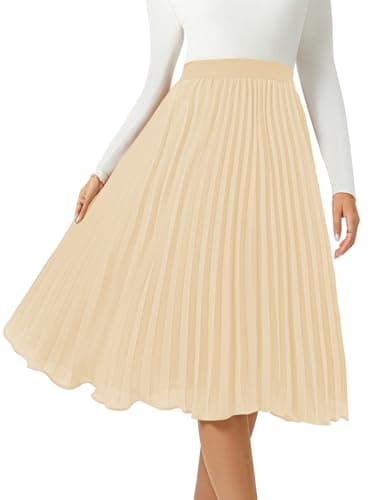 Women's Midi Skirt Elastic High Waist Pleated Skirt Knee Length Swing A-Line Casual Flowy Skirts 2025 Champagne,XXL - Image 1