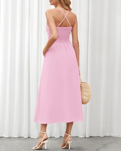 BTFBM Women 2026 Spaghetti Strap Midi Summer Dresses Sleeveless V Neck Cutout Slit Casual Beach Party Maxi Dress Pockets(Pink, X-Large) - Thumbnail 5