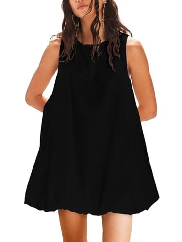 COCOMARTS Dresses for Women Summer Casual Linen Mini Dress Sleeveless Crew Neck Bubble Keyhole Tie Back Vacation Sundress with Pockets Black - Image 1