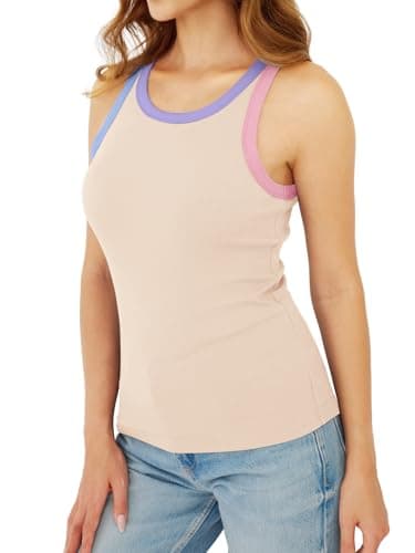 GKBK Womens Colorblock Ribbed Tank Tops Crewneck Fitted Cute Sleeveless Racerback Basic Casual Summer Cami Shirts Beige - Thumbnail 5