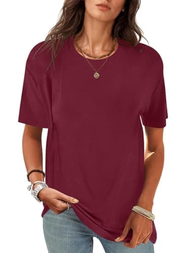 UNCLECAT Women's Short Sleeve T Shirts Summer Crewneck Soft Tunic Tops Summer Oversized Tees Wine Red - Image 1
