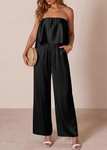 KIRUNDO Jumpsuits For Women Dressy 2026 Summer Satin Strapless Romper Flowy Tube Top Spring One Piece Vacation Outfits(Black, XX-Large) - Thumbnail 3