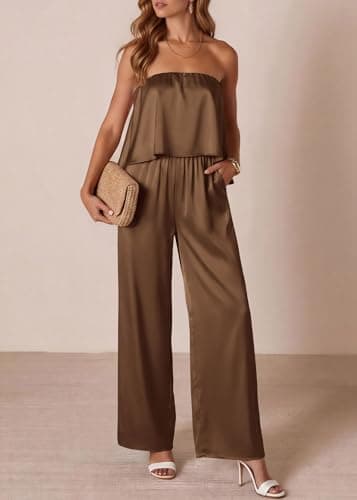 KIRUNDO Jumpsuits For Women Dressy 2026 Summer Satin Strapless Romper Flowy Tube Top Spring One Piece Vacation Outfits(Brown, XX-Large) - Thumbnail 2