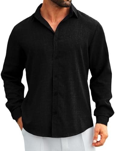 MAPICK Men's Linen Button Down Shirts Beach Button Up Shirt Casual Long Sleeve Tops Wedding Fall Outfit(Black,Medium) - Image 1