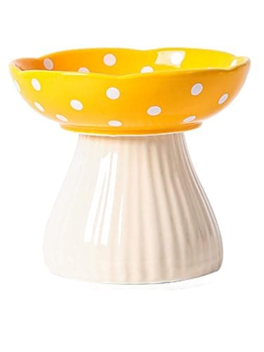 XJYYLX Elevated Mushroom Cat Bowls Ceramic, Raised Cat Bowls for Indoor Cats, Cute Whisker Fatigue Cat Bowl, Raised Dog Bowl Stand for Food and Water, Yellow 6" Wide for Adult Cats - Image 1