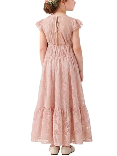 ALLOVIN Toddler & Girls Spring Easter Lace Flower Girl Dress for Wedding Baptism First Communion Maxi Boho A-Line | Flutter Sleeve Dusty Pink | 3-4Y - Image 1